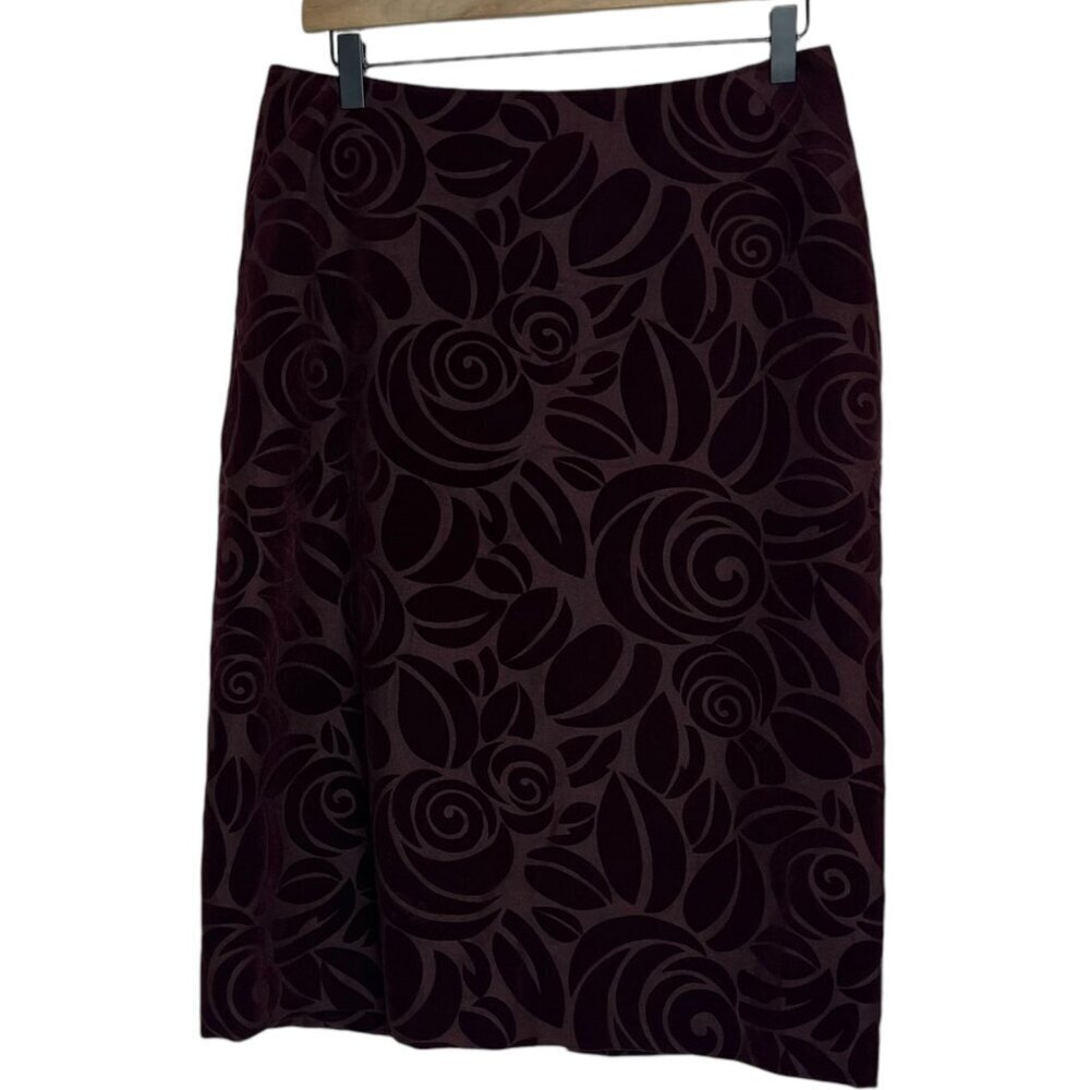 DKNY Women's 8 Rosette Floral Wool Pencil Skirt Dark Cherry Red Maroon Artsy
